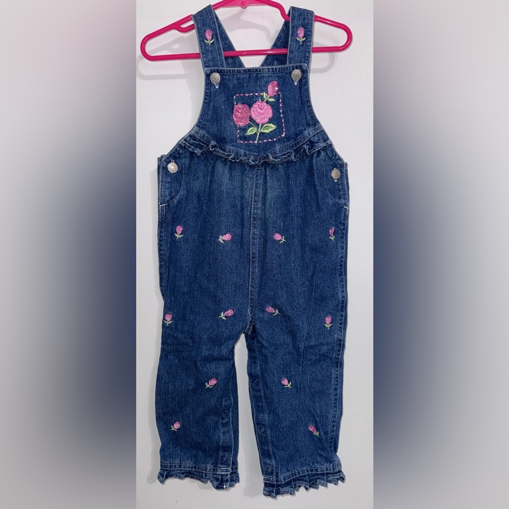 Vintage Kids Denim Overalls with Pink Floral Embroidery 24 months